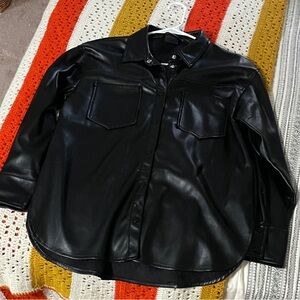 Men's Black Faux Leather Button Down Shirt